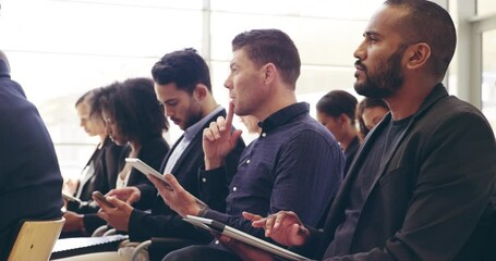 Seminar audience, tablet and business man learning, typing notes or listening to project, presentation or conference speech. Online list, digital bullet point and agent attention in tradeshow lecture