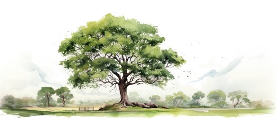 Men sketching a big tree with watercolors for isolated architectural landscape decoration