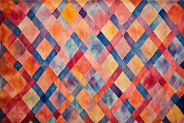 Vibrant Moroccan rug with geometric rhombic design, displayed in a seamless watercolor pattern. Generative AI