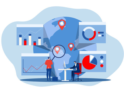 Businesspeople searching market place. Data analysis,planing International trade, global trading networks Modern flat illustration