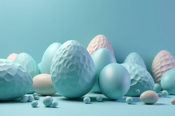 Pastel 3D Easter eggs on blue background. Generative AI