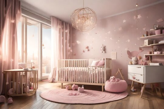Shot of a cozy baby girl room with a big window  