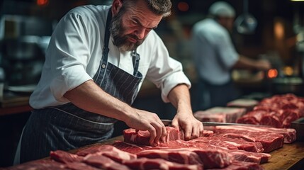 A butcher is preparing meat at the butcher store. - obrazy, fototapety, plakaty