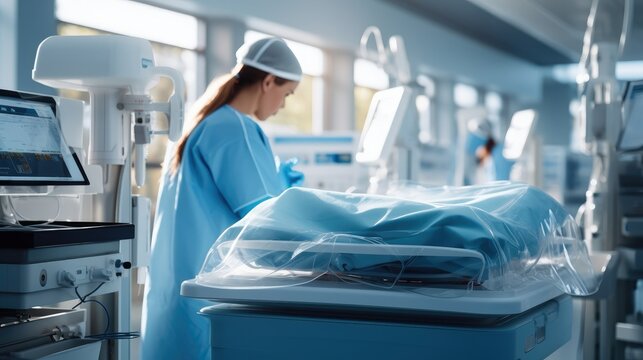 Female nurse preparing for a surgery in emergency room.
