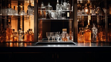 A chic bar area with a mirrored backsplash, crystal glassware, and a selection of fine spirits, emanating an aura of cosmopolitan elegance