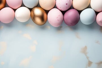 Top Down View of Colorful Easter Eggs on a Blue Marble  Kitchen Counter Food Photo with Copy Space