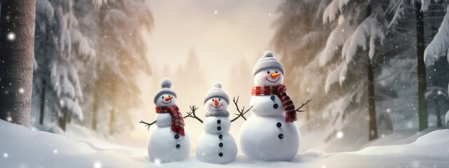 Obraz premium a family of snowmen in a fairy-tale snowy forest wearing a hat and scarf. New Year winter card. Christmas snow characters. cold time.