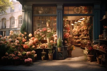 Abwaschbare Fototapete Wien Flower shop from outside on the street, Beautiful flowers shows through its windows.