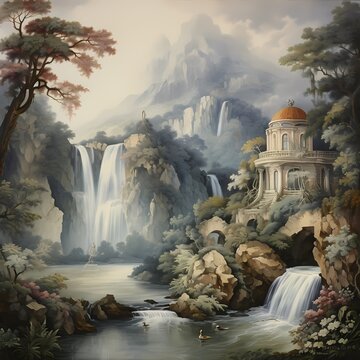 waterfall with castle  wallpaper watercolor painting 