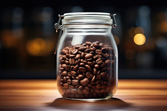 A realistic stock photo of a glass jar with coffee beans