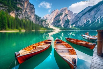 Boats on Braies Lake in Dolomites mountains, Sudtirol, Italy. Alps nature landscape. Generative AI - obrazy, fototapety, plakaty
