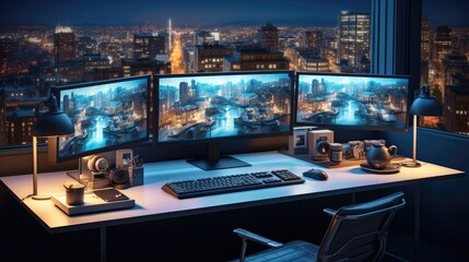 Modern workspace, surrounded by multiple computer screens displaying colorful charts, Workstation is set with multiple screens, business growth.