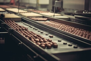 conveyor belt cakes baking process confectionery factory food industry toned. Generative AI