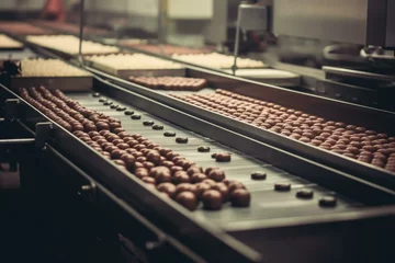 Fotobehang conveyor belt cakes baking process confectionery factory food industry toned. Generative AI © Esme