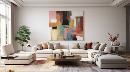 A contemporary living room with modular seating, a statement area rug, and a gallery wall of abstract art, blending comfort with artistic flair