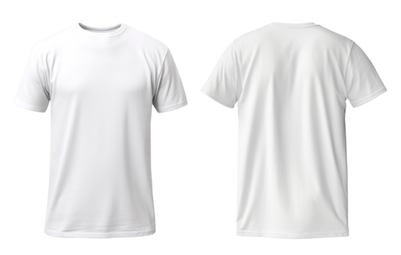 Set of White t shirt front and back on transparent background cutout, PNG file. Mockup template for product presentation.
