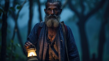 Real photo old man holds a light in their hands in nighttime Village Forest
