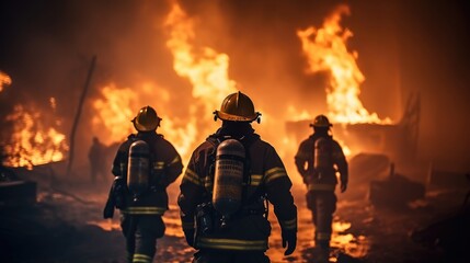Firefighters work to combat fierce flames. - obrazy, fototapety, plakaty