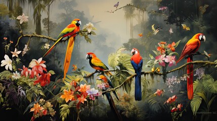 An image of beautiful parrots and other birds perched on tropical trees in the jungle, Generative AI.