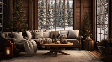 A cozy cabin in a snowy forest, featuring warm cocoa tones, deep evergreen, and accents of soft silver