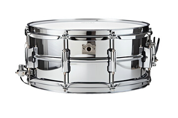 A silver chrome snare drum isolated on white background