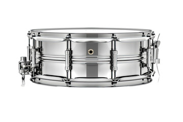 Obraz na płótnie Canvas A silver chrome snare drum isolated on white background