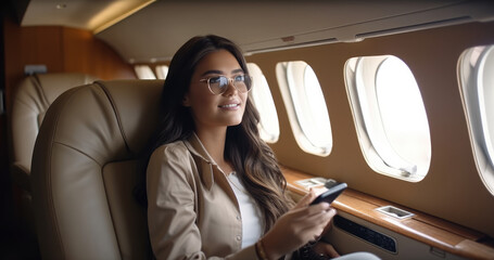 Business woman sitting on a private airplane.