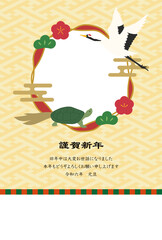 2024年、鶴亀と富士山、年賀状用フォトフレーム、テンプレート