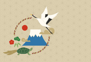 鶴亀と富士山、はがき用テンプレート、年賀状、敬老