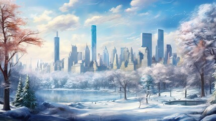 A cosmopolitan cityscape, skyscrapers shrouded in a blanket of snow, presents a serene yet vibrant winter tableau. Generative AI.