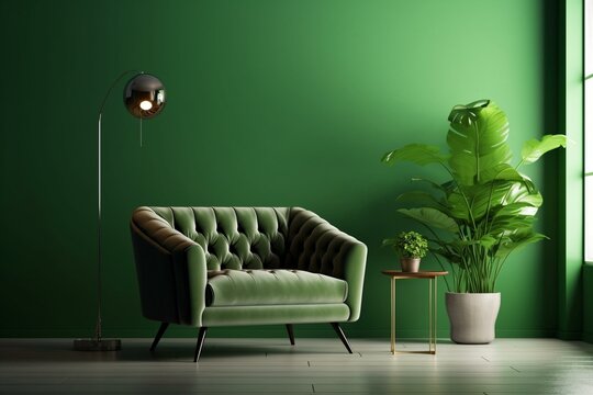 Modern room with trendy armchair and shelf unit beside vibrant green wall. Generative AI