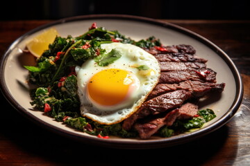 Beef and basil with fried egg, thai food