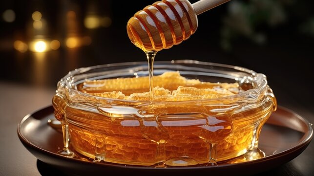 Honey drips onto jar from wooden stick.