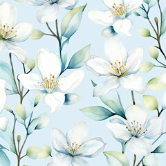 Fototapeta premium white flowers watercolor seamless patterns, watercolor picture of flowers, floral