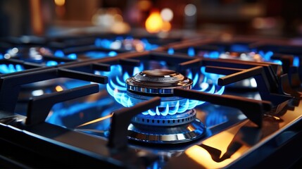 Vivid gas flames burning bright on the stove. - obrazy, fototapety, plakaty
