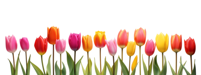 Tulip flowers in row isolated on transparent background. Generative AI