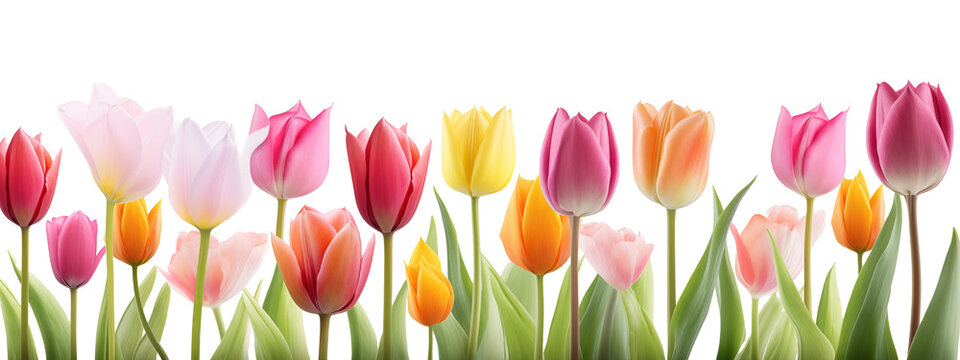 Tulip flowers in row isolated on transparent background. Generative AI