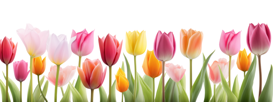 Tulip flowers in row isolated on transparent background. Generative AI - Powered by Adobe