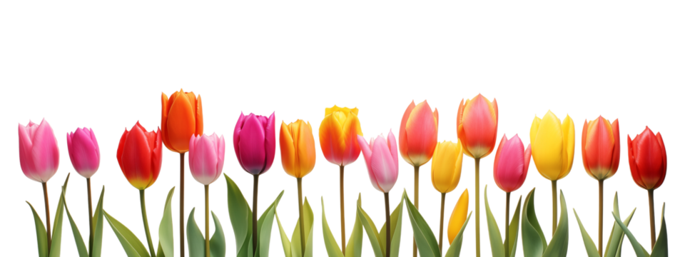 Tulip flowers in row isolated on transparent background. Generative AI