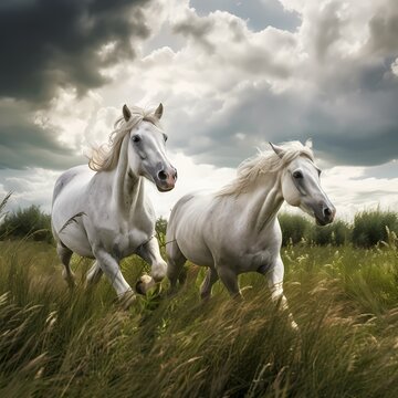 white horse grazing in a field under the blue sky painting style