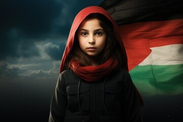 Palestinian girl, profile portrait with Palestinian flag. AI generative - obrazy, fototapety, plakaty