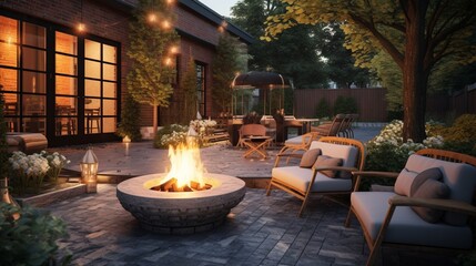 A cozy, stone-rimmed fire pit area surrounded by comfortable outdoor seating