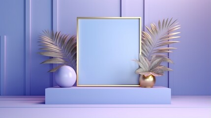 The background is an abstract pastel blue with a square violet board, a golden frame, and a yellow platform covered with bright tropical foliage. Modern product presentation exhibition.
