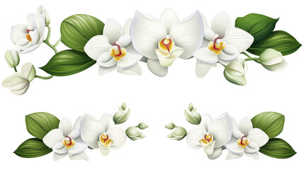 Set of white orchid flower branch with fresh green tropical leaves and elements isolated on transparent background. Generative AI