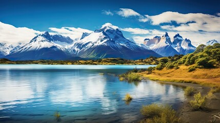 Fototapeta na wymiar A breathtaking Patagonian landscape with majestic mountains mirrored in a serene lake captures nature's grandeur. Generative AI.