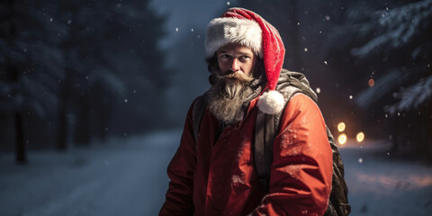 Modern Santa Claus. Cute Man in Red Santa Hat with Christmas Gifts Bag at night winter forest background. Merry Christmas and Happy New Year banner