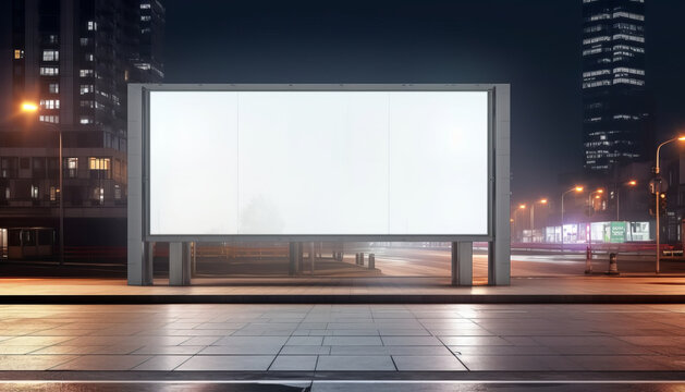 Blank white billboard at bus stand in evening rain, cityscape