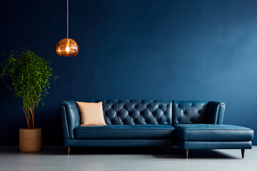 In the modern living room, an elegant tufted corner sofa complements the dark blue stucco wall, offering a stylish interior with copy space. 