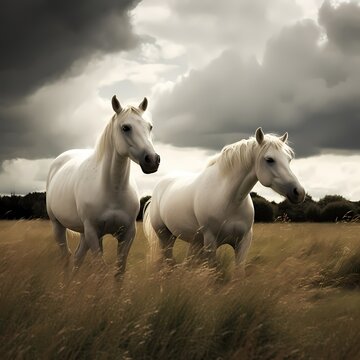 white horse running on meadow in oil painting style