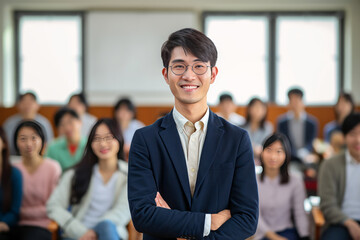 Obraz premium Asian University professor lectures to classroom full of multi-ethnic students.
